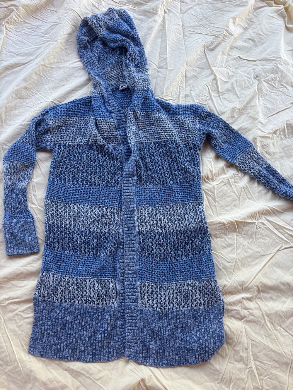 Cozy Hooded Open-Front Knit long Cardigan - Blue Size M